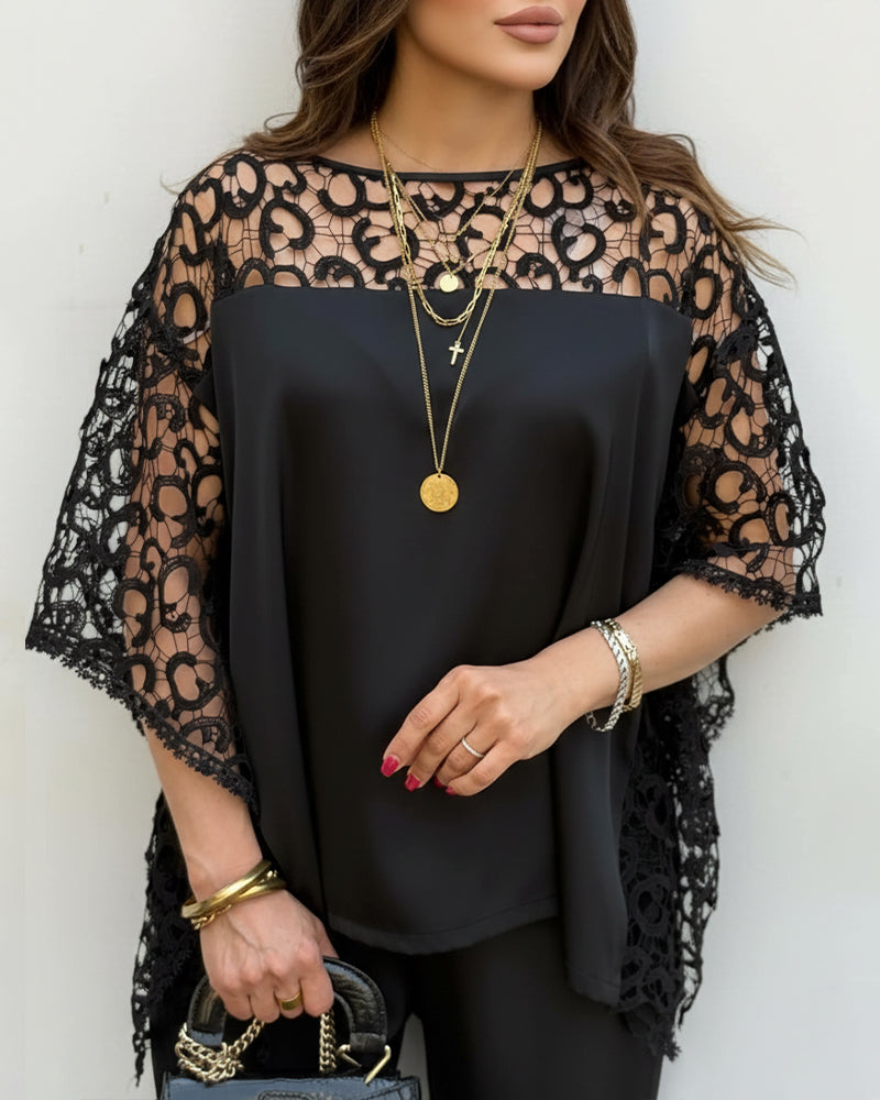 2 Pieces Outfit Batwing Sleeve Hollow-out Back Top and Elastic Waist Flared Pants Set Casual Hollow-out Lace Spliced Set