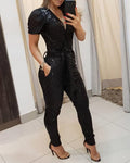 Women's Sequin Jumpsuit Sexy Deep V Neck Sheer Mesh Sleeve Overalls with Belt