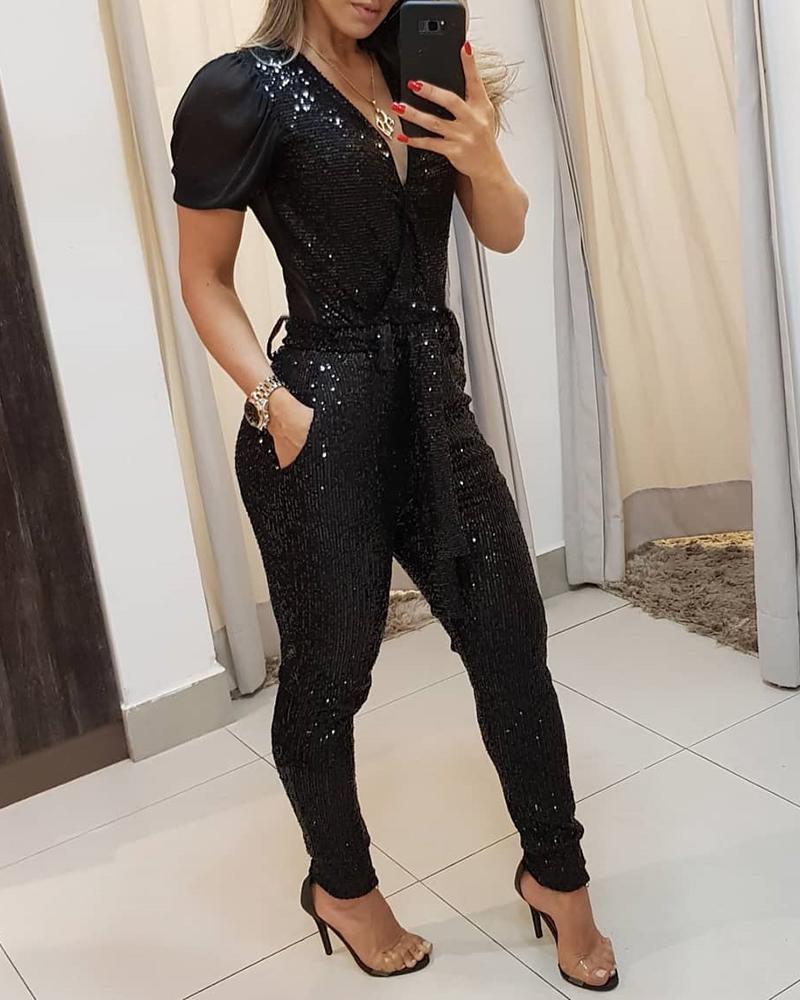 Women's Sequin Jumpsuit Sexy Deep V Neck Sheer Mesh Sleeve Overalls with Belt