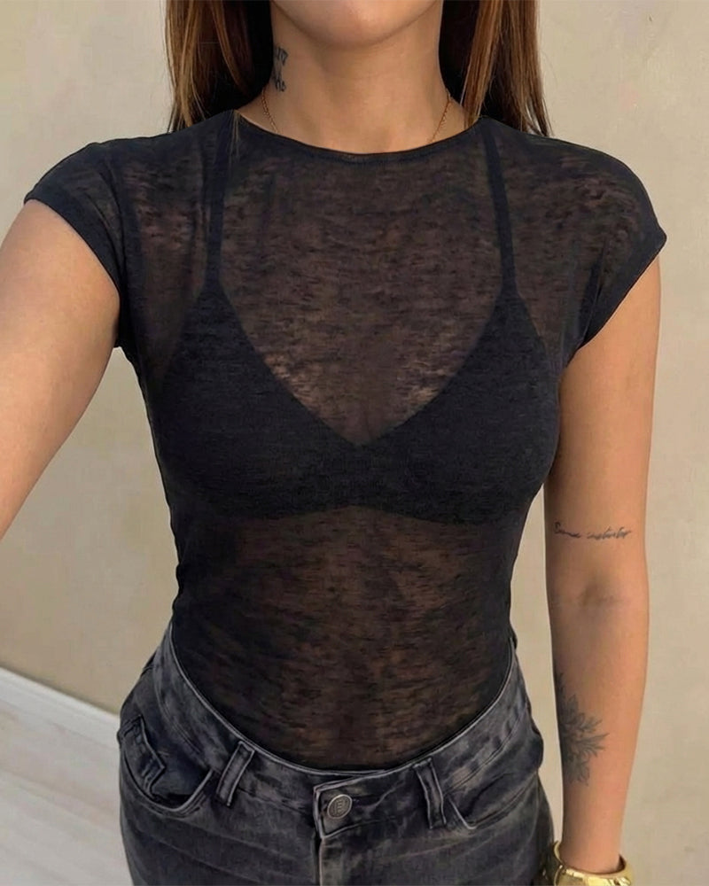 Round Neck Cap Sleeve Semi-Sheer Minimalist Slim Fit Top