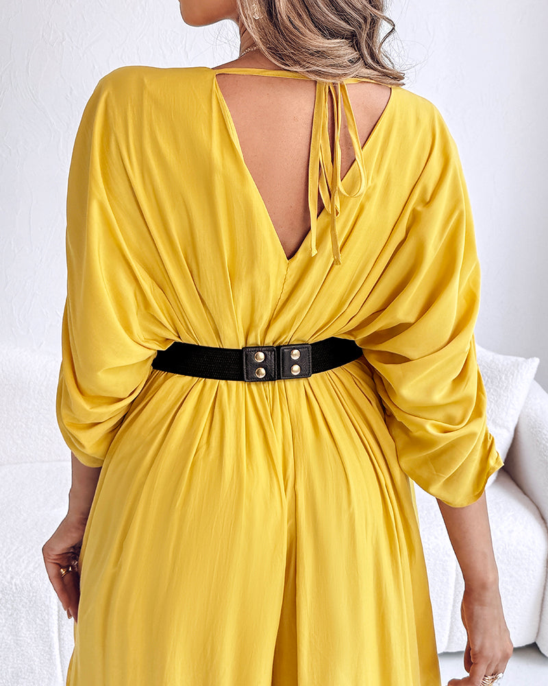 Deep V-Neck Ruched Three Quarters Sleeve Backless Overalls Casual Waist-Gathered Tied Detail Jumpsuit without Belt