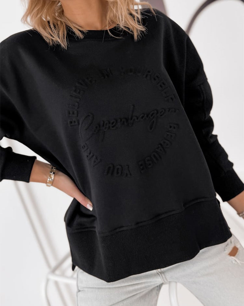 Women's Loose Crewneck Sweatshirt Embossed Letter Print Pullover Top Casual Side Slit Top