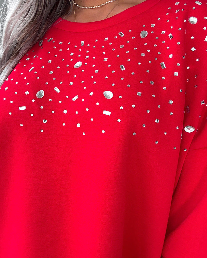 Women's Rhinestone Crewneck Sweatshirt Loose Drop Shoulder Pullover Top