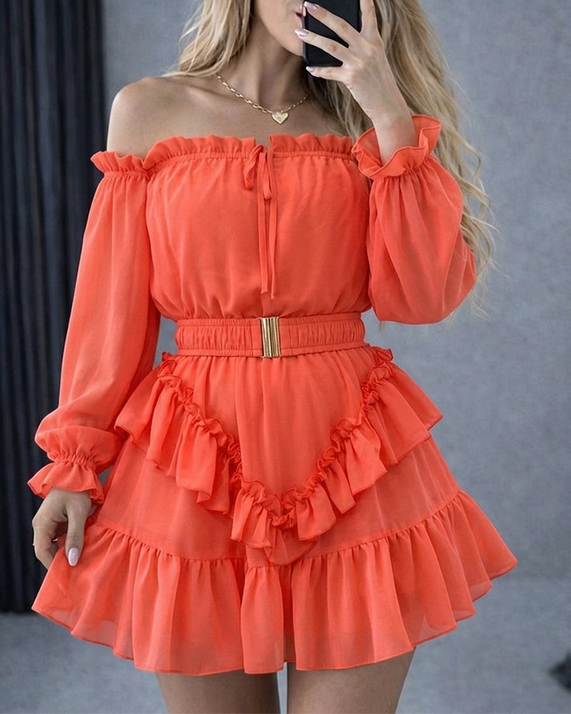 Women's Off Shoulder Frill Trim Mini A Line Dress Flowy Chiffon Ruffle Hem Party Dress with Belt & Built-In Shorts