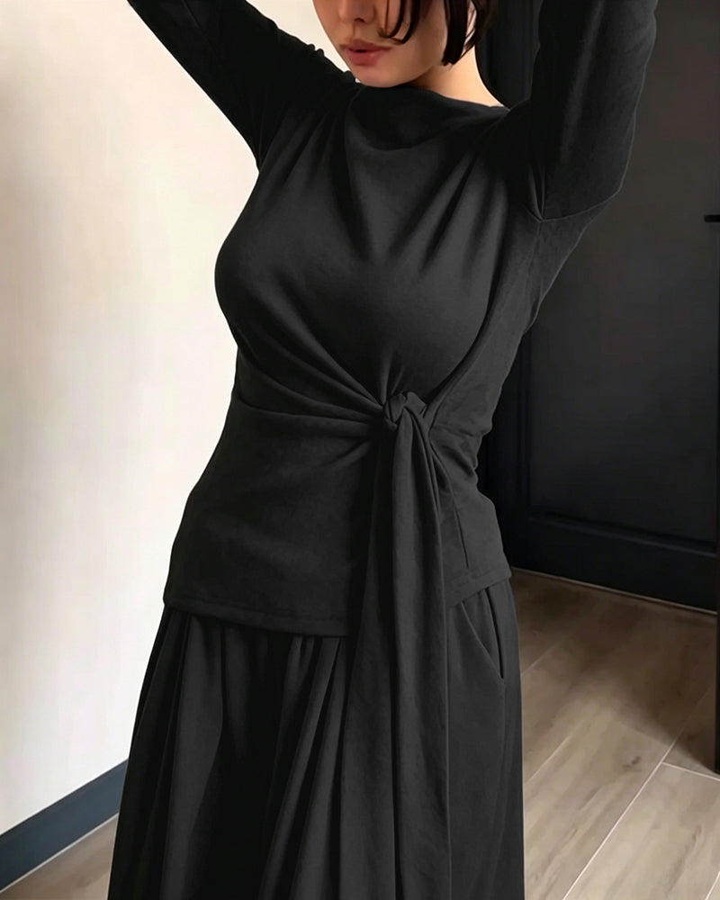 CHICME ESSENCE Women's 2 Piece Knit Lounge Set Long Sleeve Tie Waist Top and High Waisted Wide Leg Pants Casual Soft Sweatsuit with Pockets