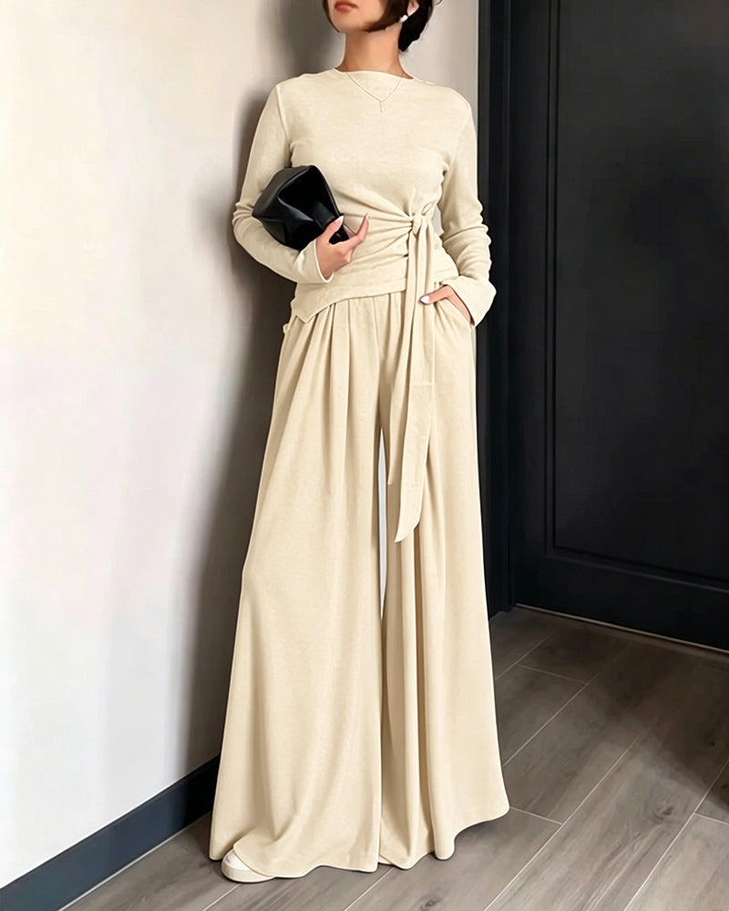 CHICME ESSENCE Women's 2 Piece Knit Lounge Set Long Sleeve Tie Waist Top and High Waisted Wide Leg Pants Casual Soft Sweatsuit with Pockets