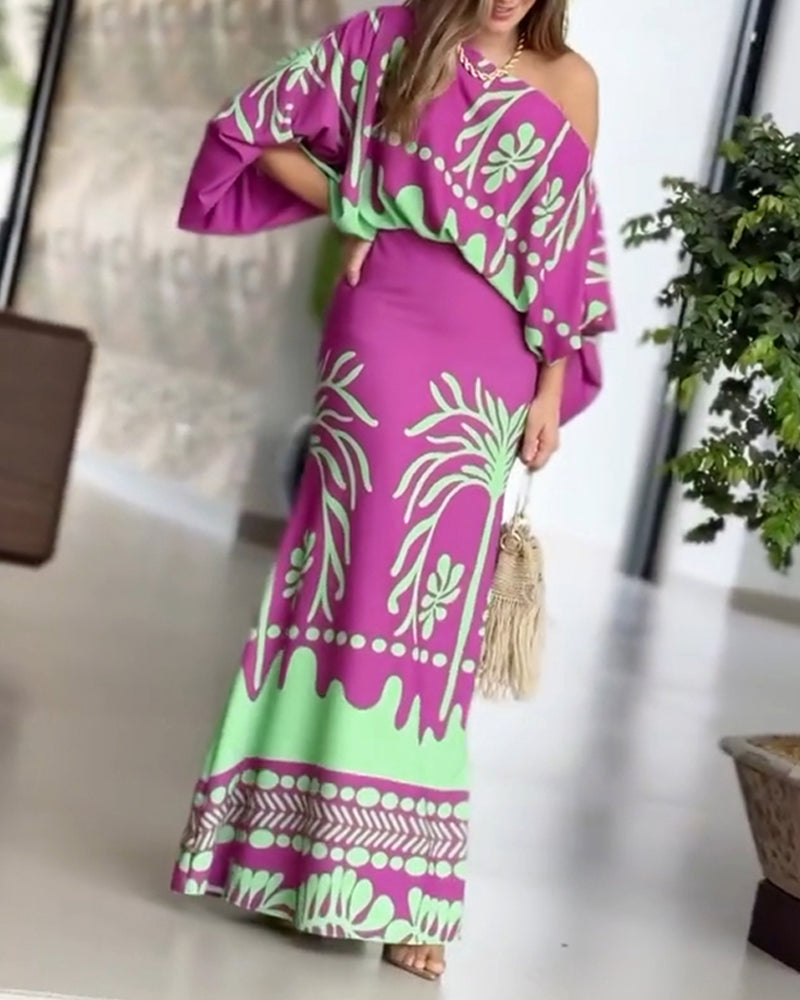 2 Pieces Outfit Skew Neck Lantern Sleeve Loose Fit Top and High Waist Elastic Waist Fishtail Maxi Skirt Set Casual Tropical Print Vacation Set