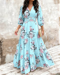 Women's Floral Print Ruffle Hem Maxi Dress V-Neck Three Quarters Sleeve Shirred Back A-Line Vacation Dress