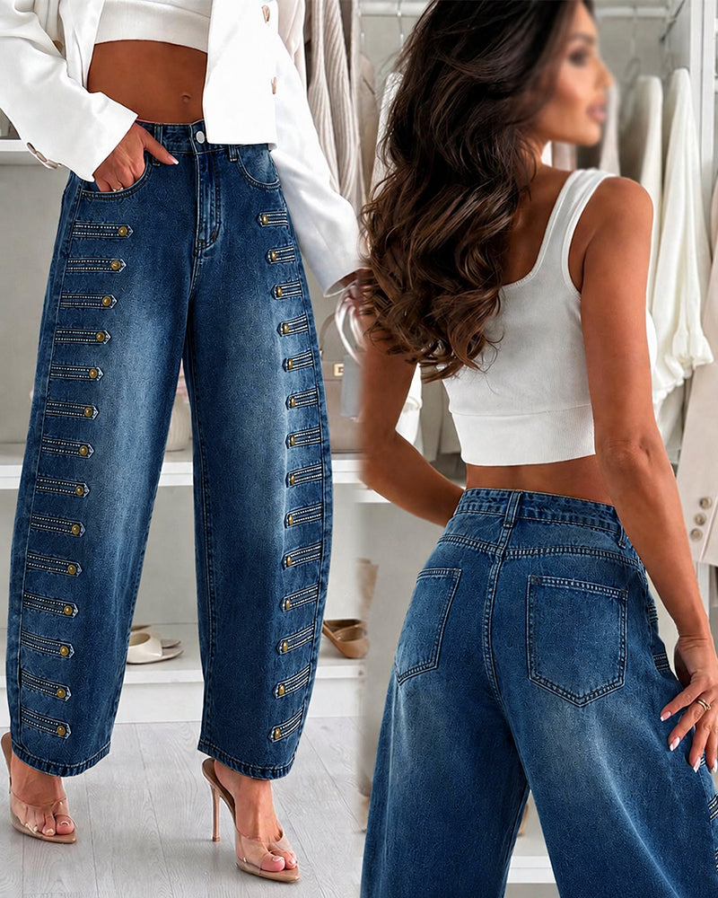 Women's Wide Leg Jeans High Waisted Side Button Denim Pants Distressed Washed Trousers Retro Y2K Streetwear