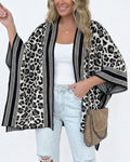 Women's Leopard Print Poncho Cardigan Contrast Striped Trim Open Front Loose Fit Batwing Sleeve Knit Cape Shawl