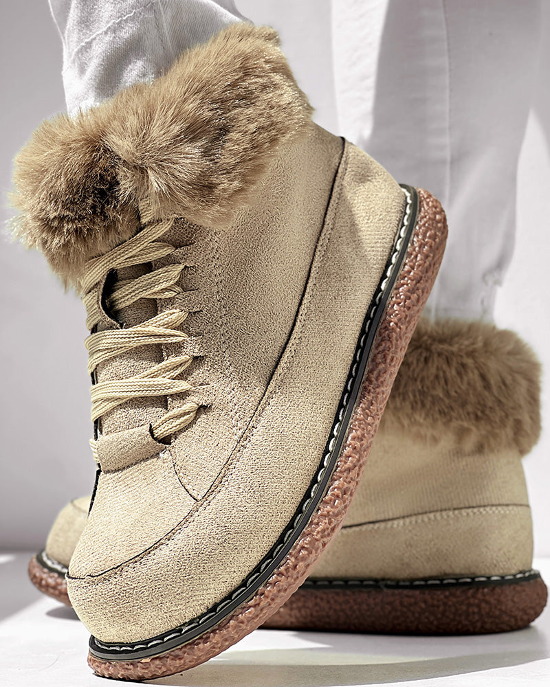 Fuzzy Detail Lined Lace-up Snow Boots
