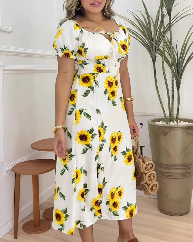 Women's Sunflower Print Midi Dress Puff Sleeve Tie Neck Sundress Shirred Back Slit A-Line Vacation Dress with Lining