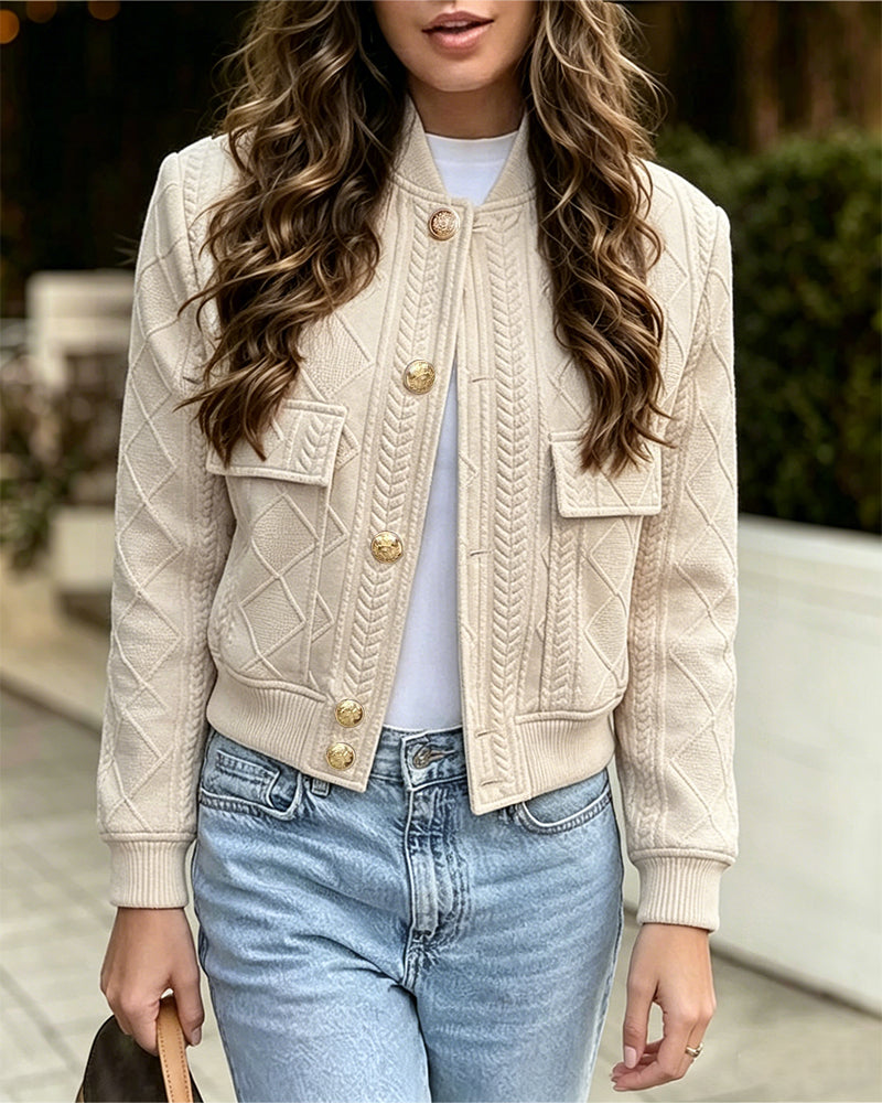 Women's Vintage Argyle Cable Knit Bomber Jacket Elegant Baseball Collar Button Down Cropped Coat with Flap Pockets