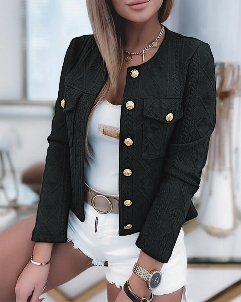 Women's French Style Cropped Jacket Round Neck Gold Button Coat Argyle Cable Jacquard Knit Outerwear