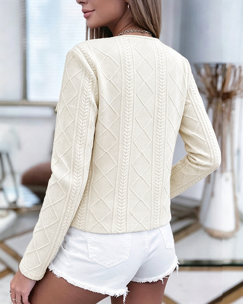 Women's French Style Cropped Jacket Round Neck Gold Button Coat Argyle Cable Jacquard Knit Outerwear