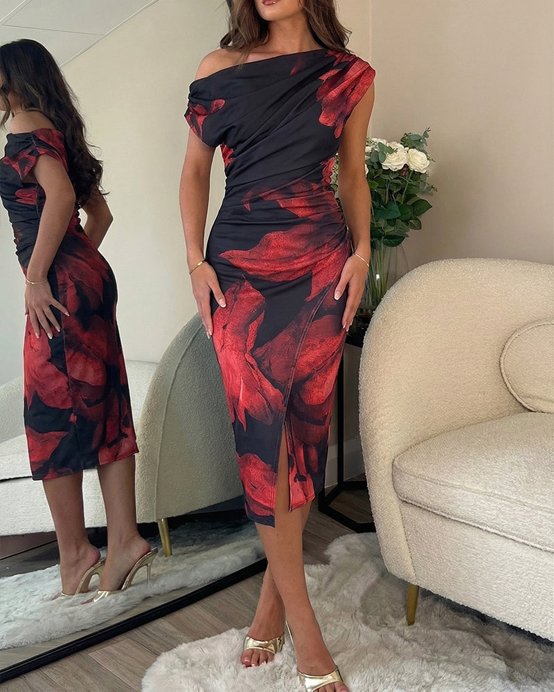 Women's Floral Print Skew Neck Mid-length Dress Ruched Wrapped Slit Bodycon Dress Elegant Party Cocktail Evening Gown