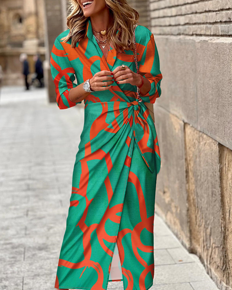 Abstract Print Turn-down Collar Tied Detail Ruched Dress Casual Wrap Front Vacation Dress