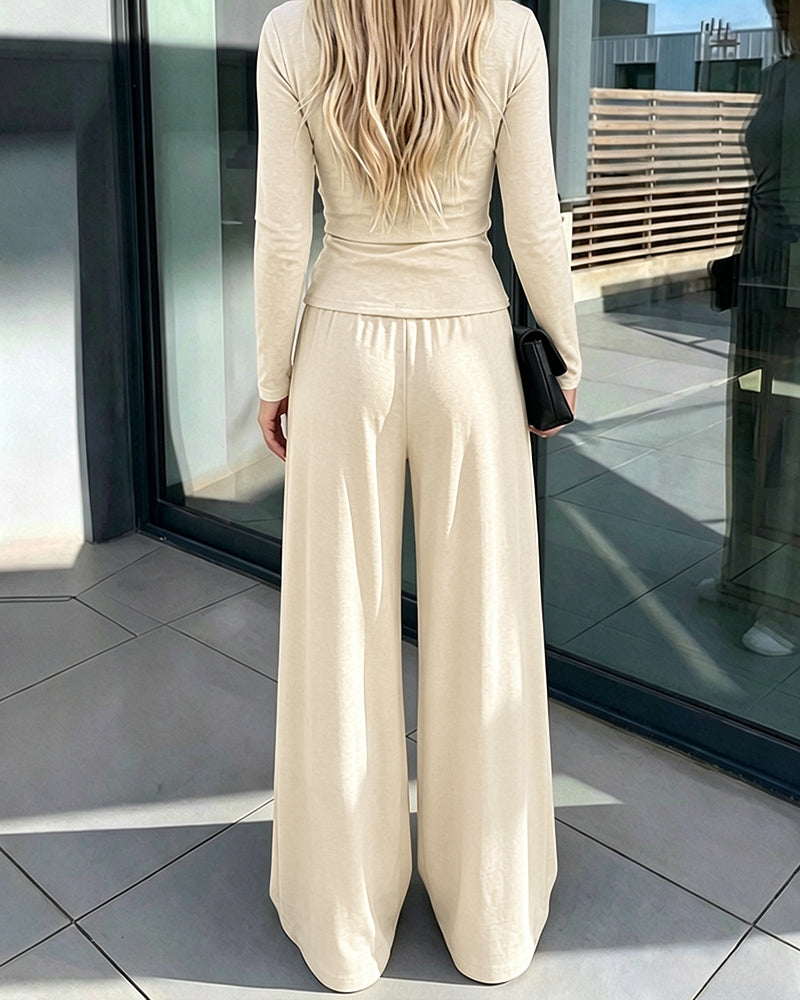 CHICME ESSENCE Women's 2 Piece Knit Lounge Set Long Sleeve Tie Waist Top and High Waisted Wide Leg Pants Casual Soft Sweatsuit with Pockets