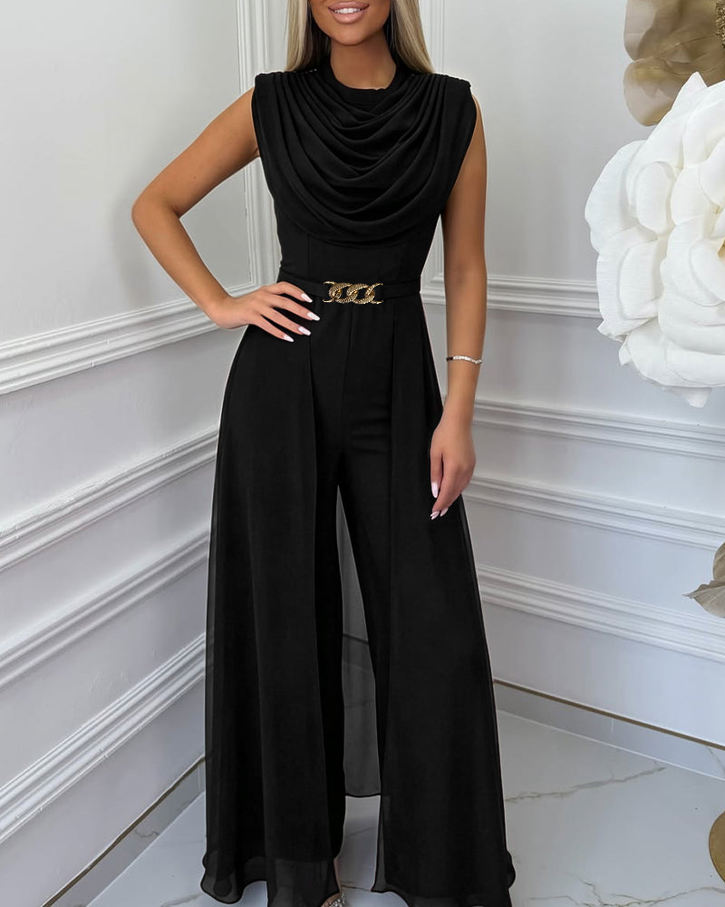 Women's Cowl Neck Wide Leg Jumpsuit High Waist Sleeveless Chiffon Overlay Spliced Evening Overalls with Belt