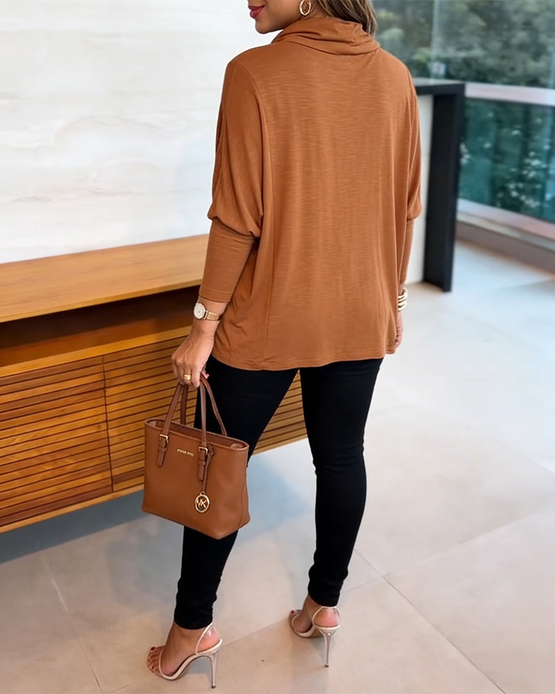 Women's Cowl Neck Batwing Sleeve Top Casual Long Sleeve Loose Pullover Comfortable Soft Drape Blouse