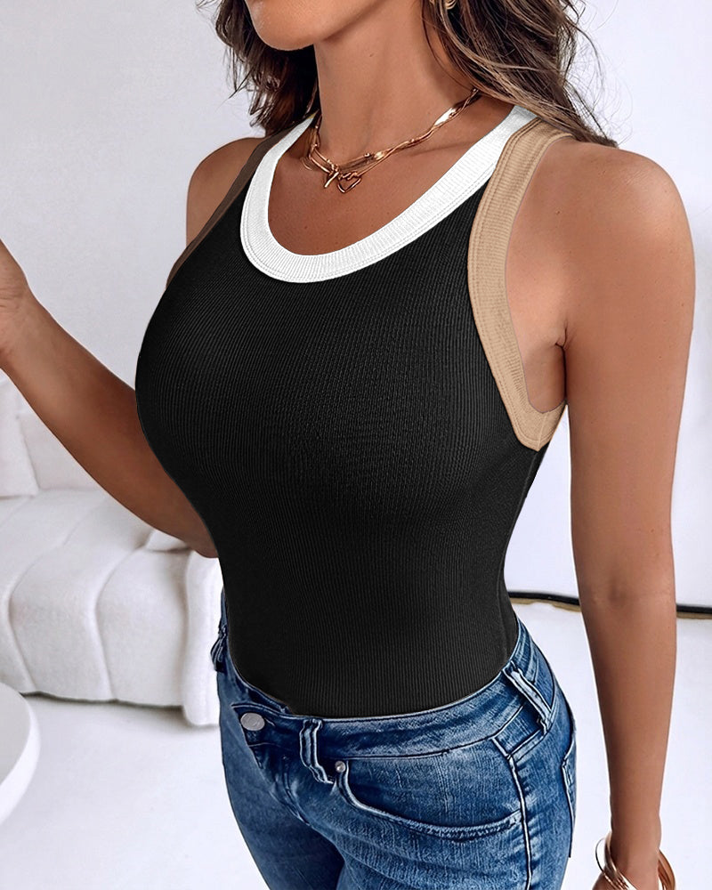 Women's Contrast Trim Ribbed Tank Top Slim Fit Sleeveless Round Neck Basic Camisole for Streetwear & Layering