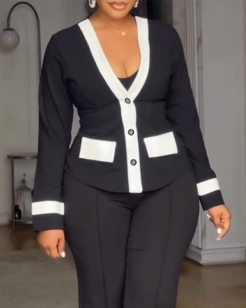 Women's Contrast Binding Coat Casual Slim Fit V Neck Jacket Button Front Office Business Workwear