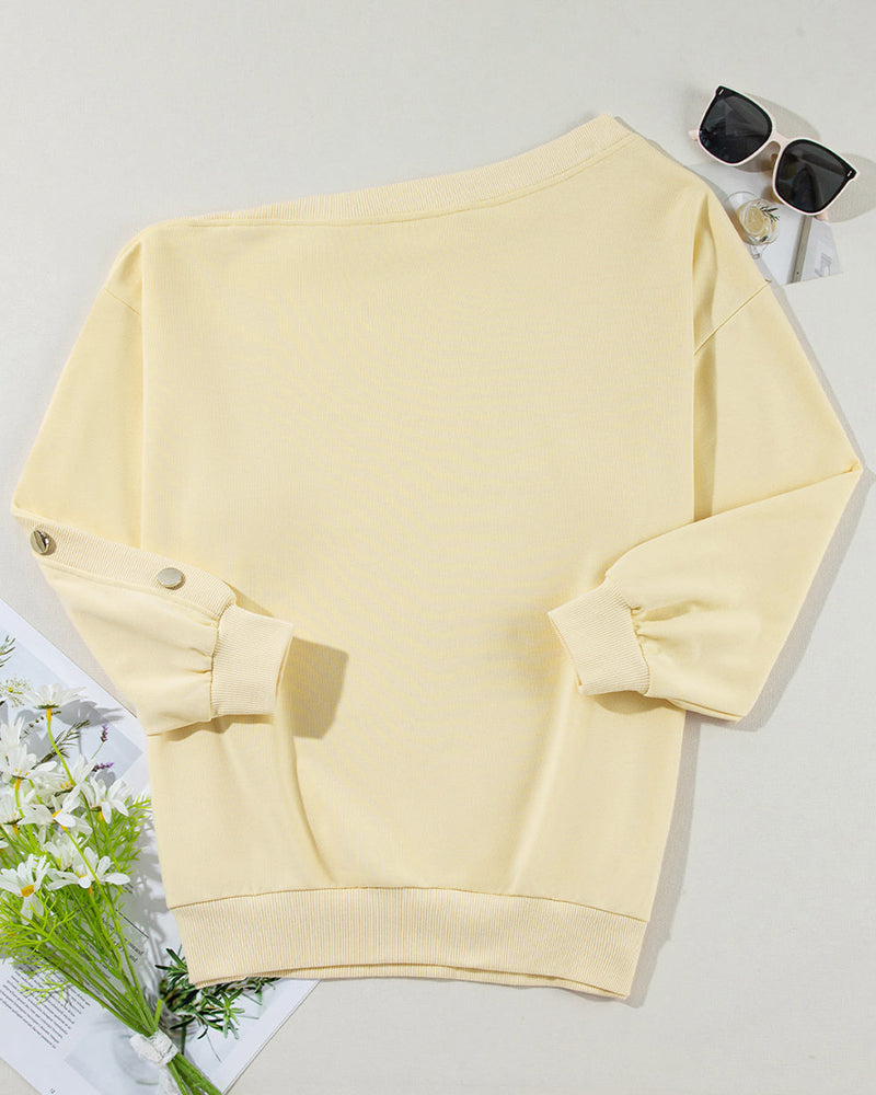 Skew Neck Buttoned Sweatshirt Casual Long Sleeve Pullover Tops Outfits