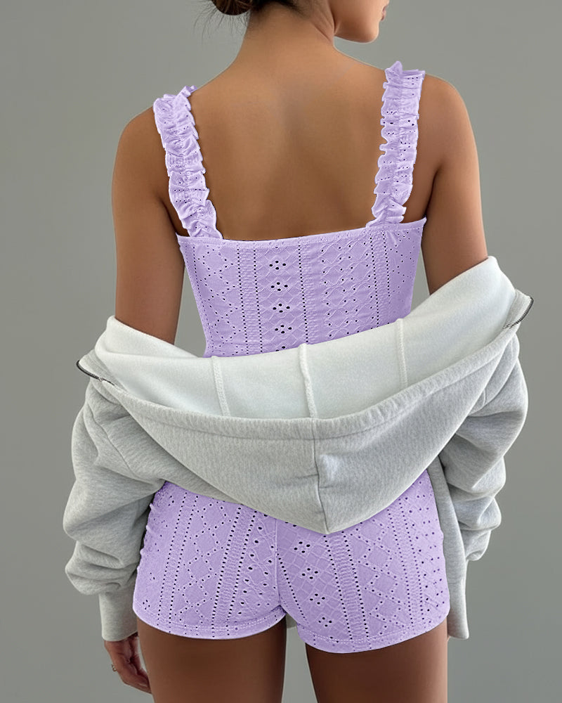 CHICME ESSENCE LOFT Women’s 2 Piece Pajama Set Square Neck Cami Top Frill Strap Tie Detail Shorts Knit Lounge Set