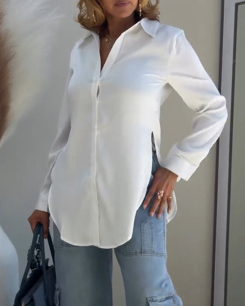 Turn-down Collar Roll Up Sleeve Button Front Shirt Casual Side Slit Curved Hem Top