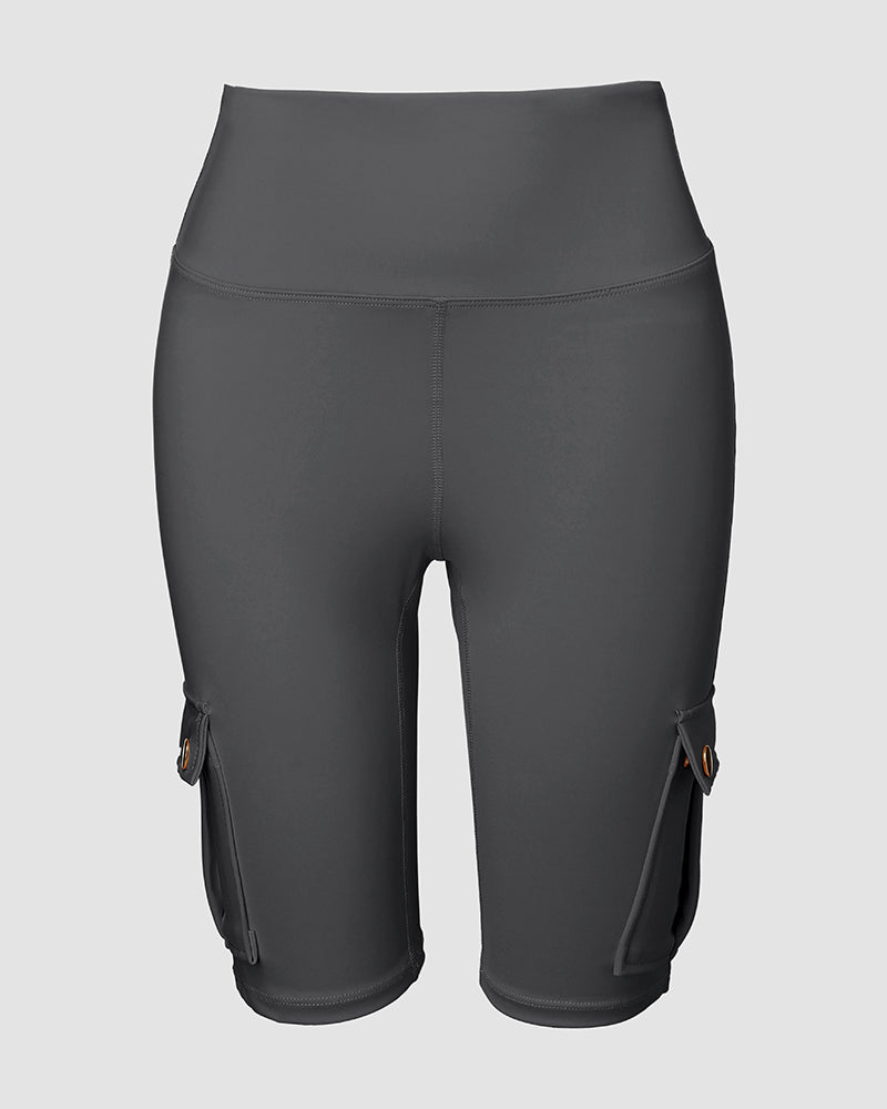 Tummy Control Butt Lifting Active Shorts High Waist Flap Pocket Workout Bermuda Cargo Running Shorts