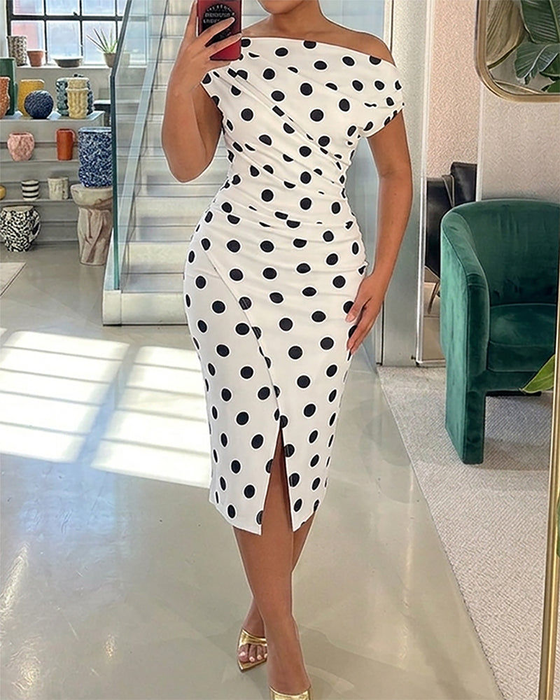 Polka Dot Print Skew Neck Ruched Mid-length Dress Elegant Wrapped Slit Dress