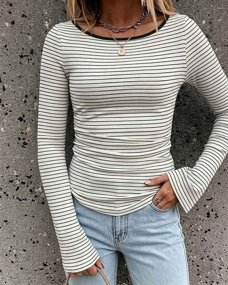 Women's French Boat Neck Striped Top Long Flare Sleeve Ribbed Knit Blouse Ruched Slim Fit Pullover