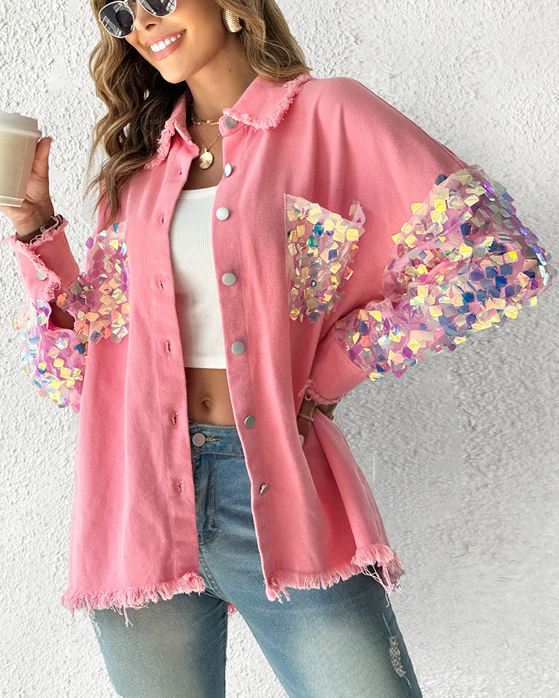 Contrast Sequin Long Sleeve Jacket Top Button Front Raw Hem Loose Fit Shacket
