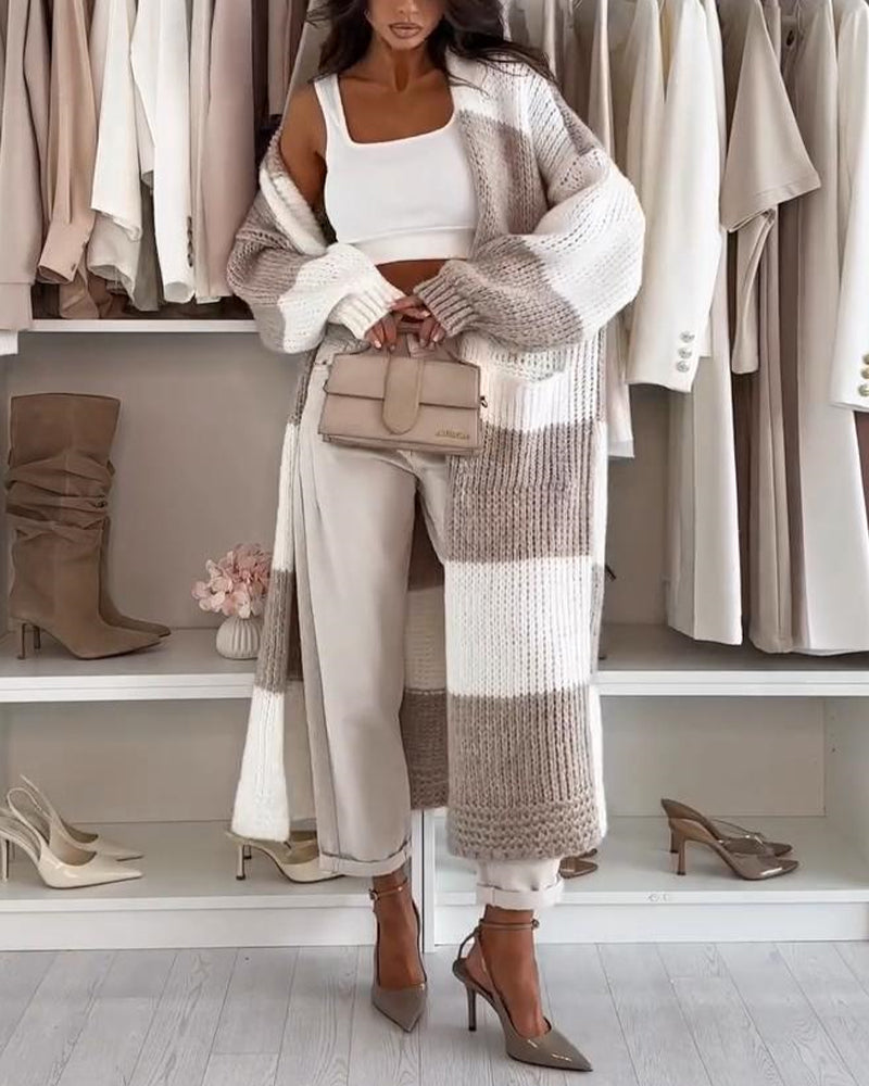 Women's Checkerboard Knit Cardigan Oversized Long Chunky Sweater Loose Lantern Sleeve Coat with Pockets