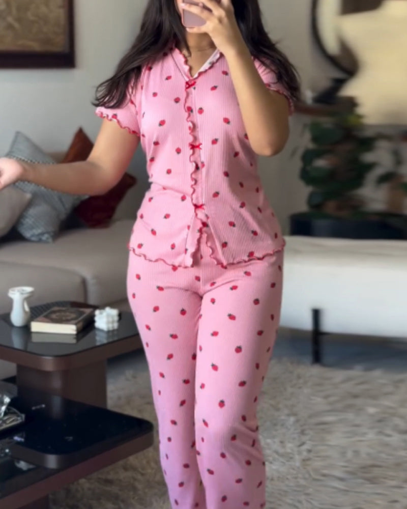 CHICME ESSENCE Women's Strawberry Lettuce Trim Pajama Set