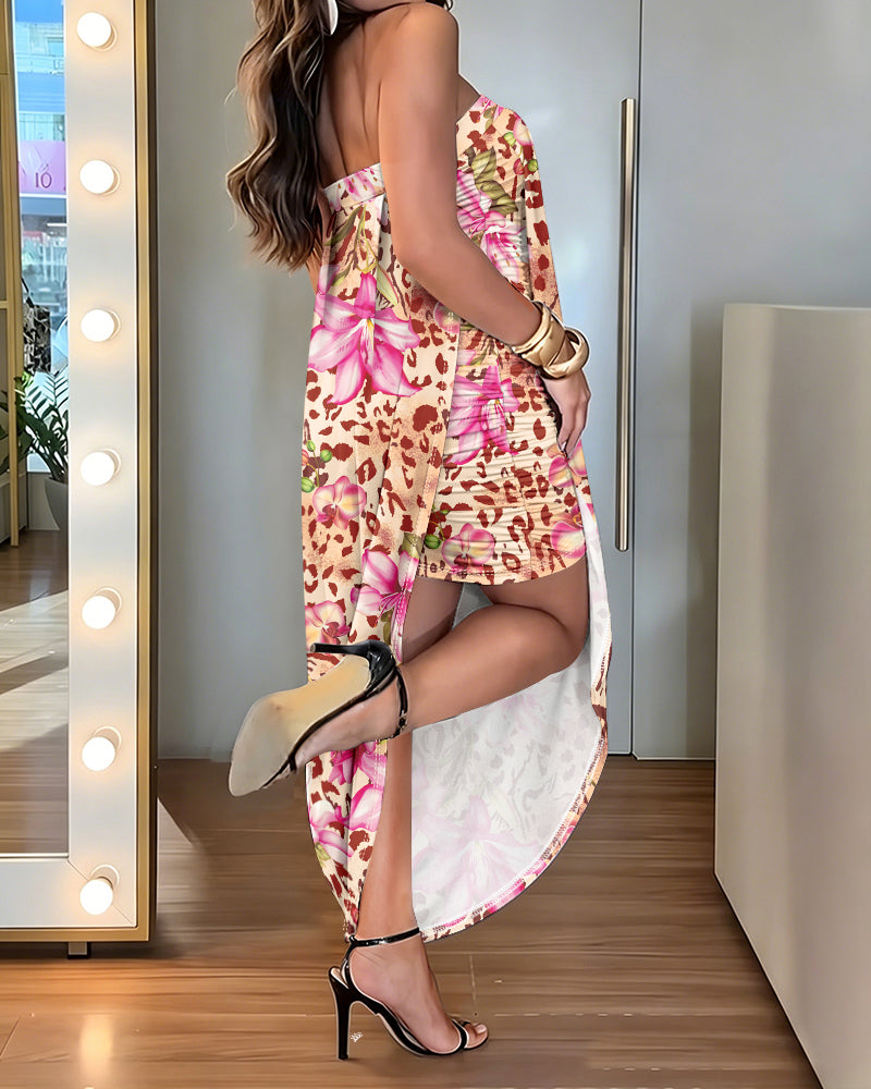 Women's Leopard Floral Asymmetrical Hem Tube Dress Layered Ruched Convertible Vacation Dress with Detachable Clear Straps