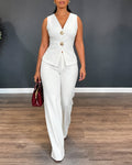 Women's 2 Piece Blazer Set Sleeveless V Neck Button Down Vest and High Waisted Straight Leg Pants Set Elegant Suit