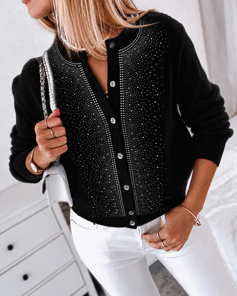 Women's Rhinestone Crewneck Knit Cardigan Button Down Long Sleeve Sweater Top