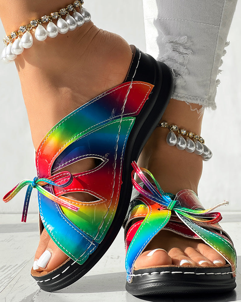 Hollow Out Tied Detail Wedge Slippers
