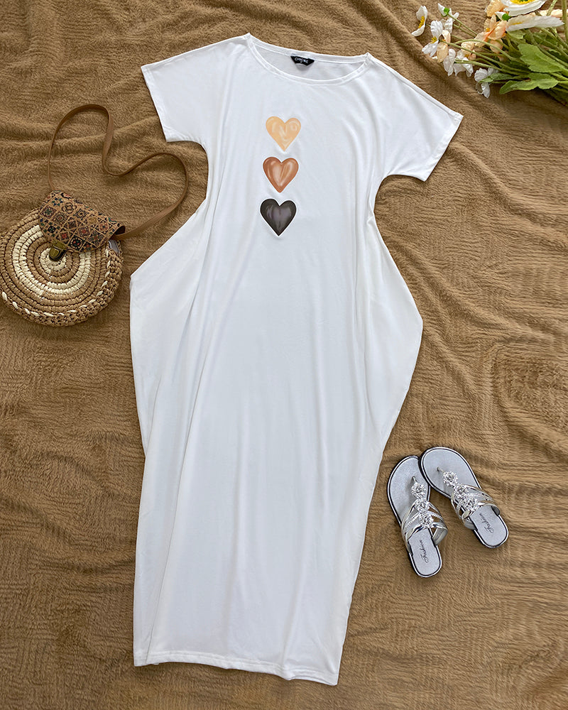 Heart Print Skew Neck Short Sleeve Maxi Dress Casual Pockets Design Loose Fit Loungewear Dress