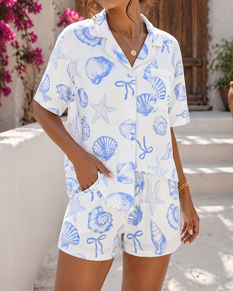 Women's Button Down Pajama Set Seashell Starfish Bowknot Print Short Sleeve Top and Shorts Casual Loungewear