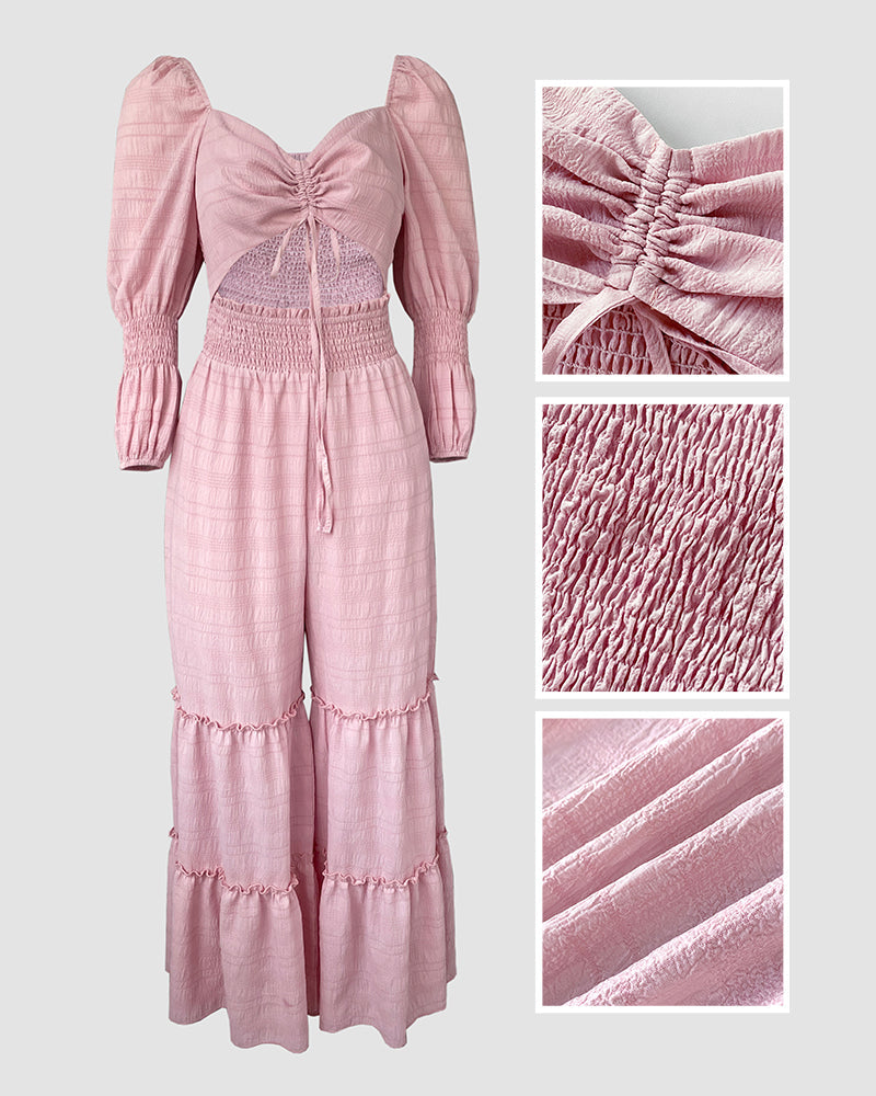 Sweetheart Neck Puff Sleeve Drawstring Front Shirred Overalls Casual Cutout Front Ruffle Hem Wide Leg Jumpsuit