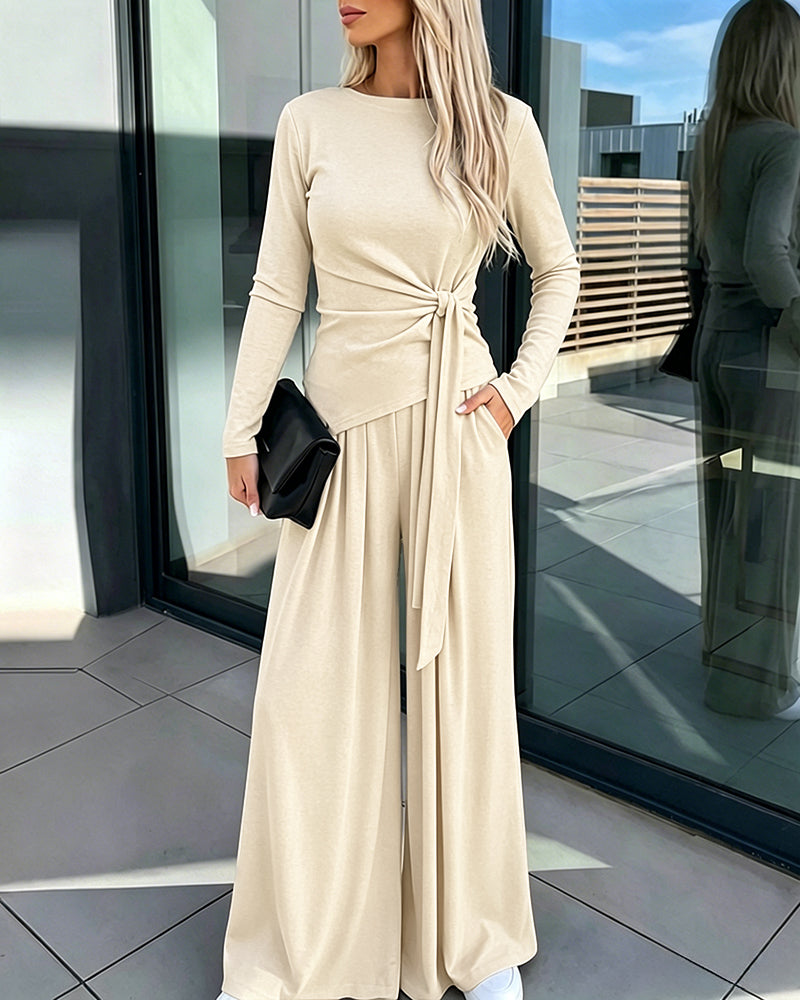 CHICME ESSENCE Women's 2 Piece Knit Lounge Set Long Sleeve Tie Waist Top and High Waisted Wide Leg Pants Casual Soft Sweatsuit with Pockets