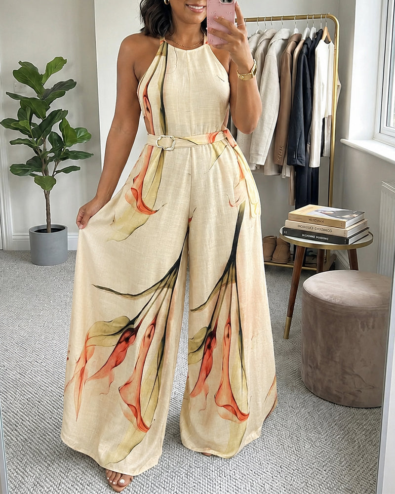 Women's Elegant Ink Floral Print Wide Leg Jumpsuit Casual Sleeveless Vacation Overalls with Belt