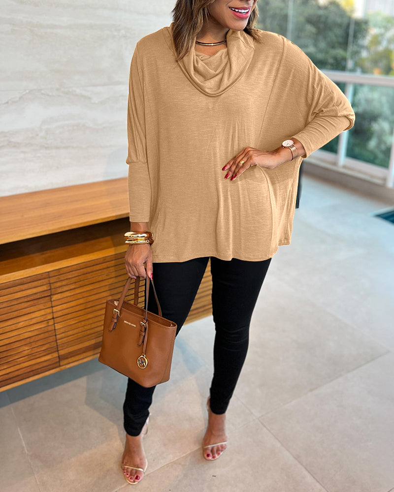 Women's Cowl Neck Batwing Sleeve Top Casual Long Sleeve Loose Pullover Comfortable Soft Drape Blouse