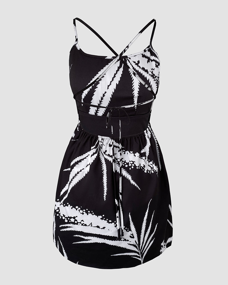 Tropical Plants Print U-Neck Backless Criss Cross Tie Back Romper Ruched Vacation Skorts Romper