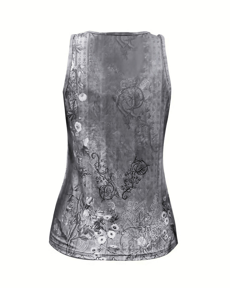 CHICME Women's Casual Floral Print Tank Top Sleeveless Notch Neck Vest with Rhinestone Accents