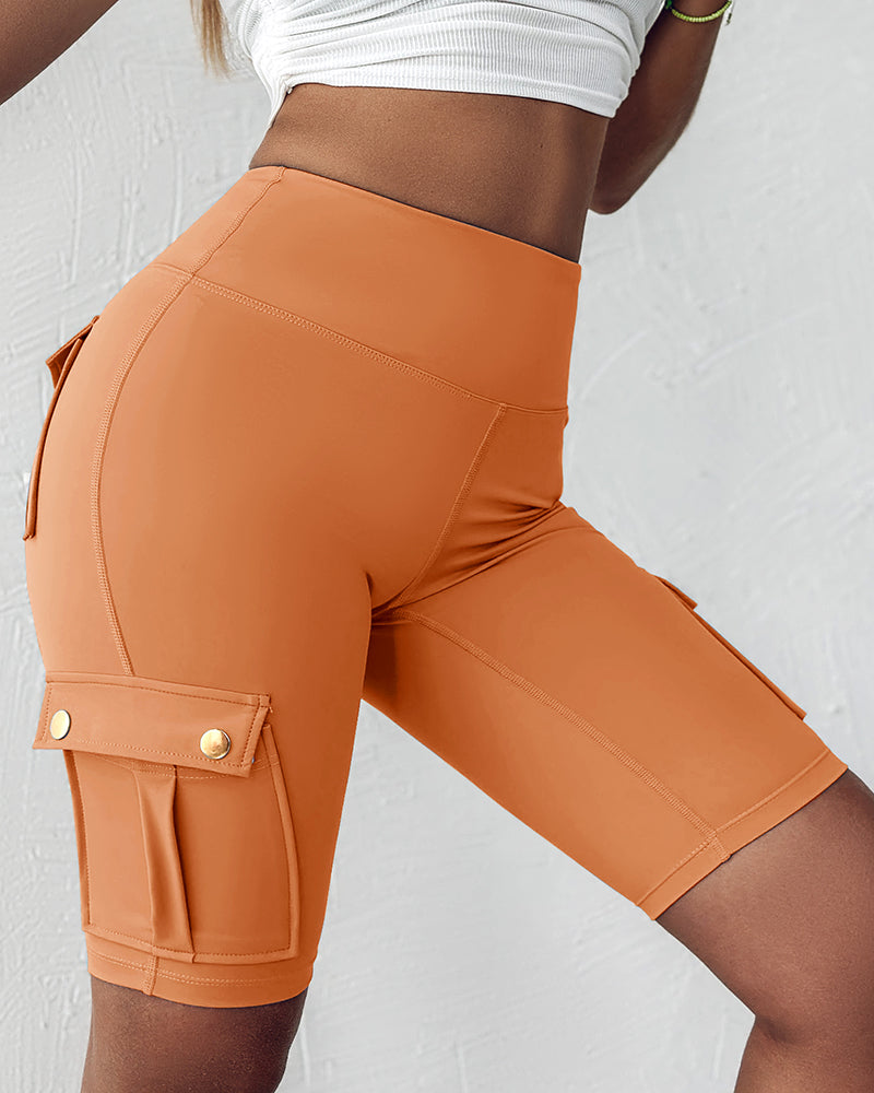 Tummy Control Butt Lifting Active Shorts High Waist Flap Pocket Workout Bermuda Cargo Running Shorts
