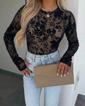 Women's Mesh Flocked Floral Top Lined Sheer Long Sleeve Tee Crewneck Slim Fit Layering Under Base Top with Thumbholes
