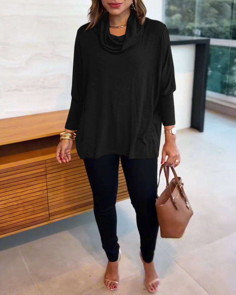 Women's Cowl Neck Batwing Sleeve Top Casual Long Sleeve Loose Pullover Comfortable Soft Drape Blouse